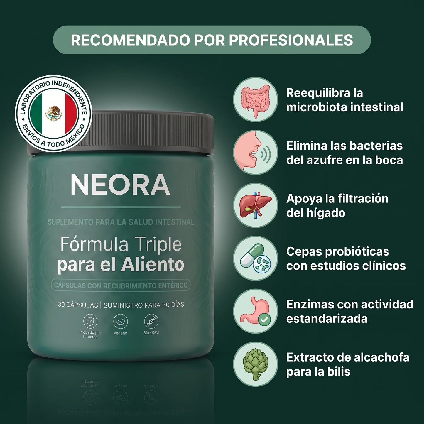Fórmula para el aliento de tres fuentes (intestino · boca · hígado)