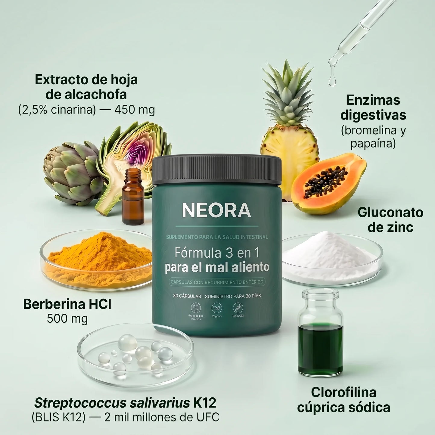 Fórmula para el aliento de tres fuentes (intestino · boca · hígado)